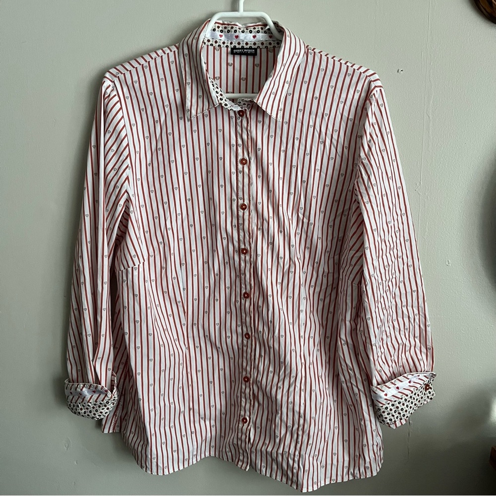 3/$40 Gerry Webber Edition Button Down Shirt Red &White Strip with Heart Details